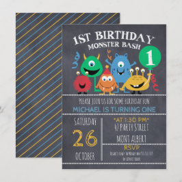 Boys Chalkboard Monsters 1st Birthday Invitación