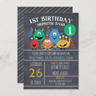 Boys Chalkboard Monsters 1st Birthday Invitación