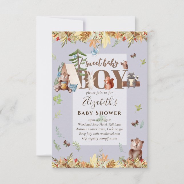 Boys de Woodland Bear Animals Invitación a Baby Sh (Anverso)