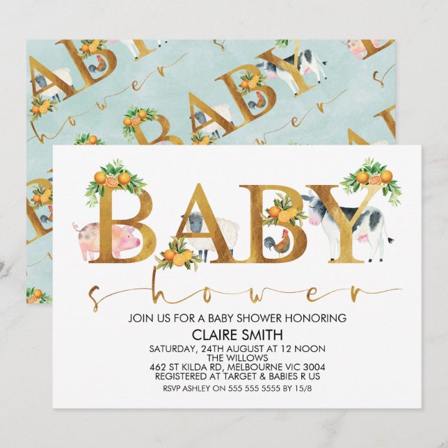 Boys Farm Animals Word Invitación de Baby Shower (Anverso / Reverso)