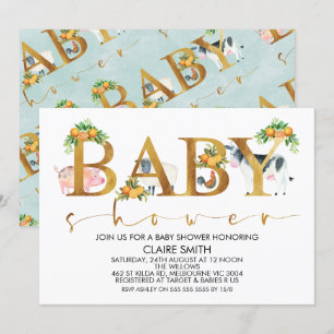 Boys Farm Animals Word Invitación de Baby Shower