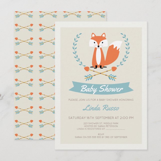 Boys Fox Y Arrows Invitación Baby Shower (Anverso / Reverso)