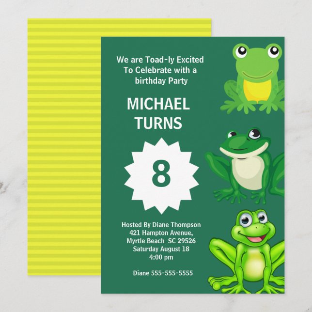 Boys Green Frogs Fiesta de cumpleaños Invitación d (Anverso / Reverso)