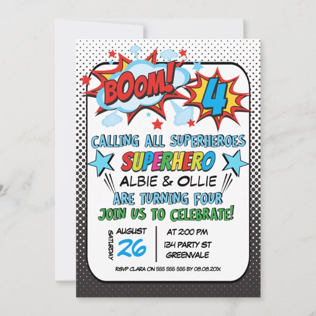 Boys Joint Superhero 4ª Invitación por cumpleaños (Anverso)