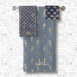 Boys Metallic Gold Monogramado Dusty Blue Merman