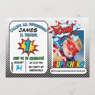 Boys Photo Superhero Invitación al primer cumpleañ