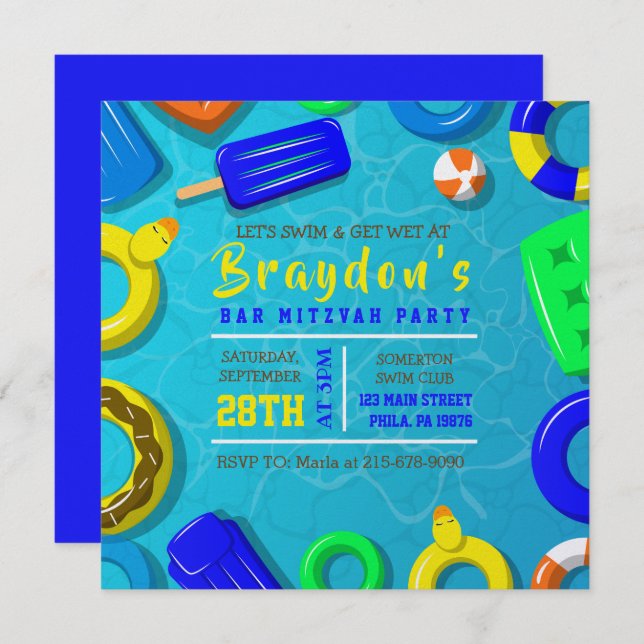 BOYS POOL SWIM FLOATS Invitación a la fiesta de Ba (Anverso / Reverso)