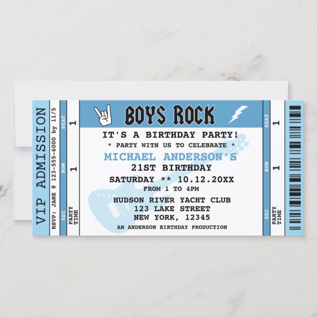 BOYS ROCK CONCERT TICKET INVITACIÓN DE CUMPLEAÑOS (Anverso)