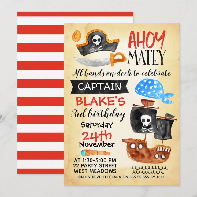 Boys Watercolor Ahoy Pirate Invitación al cumpleañ (Anverso / Reverso)