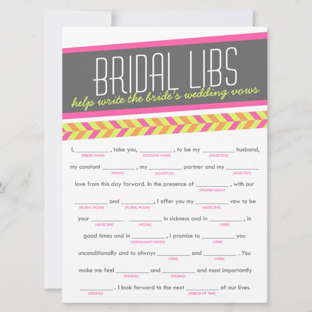 Bridal Libs Bachelorette Party Game Card (neon) (Anverso)