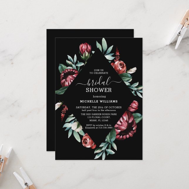 Bridal Shower Black con Roses Rojos Invitación (Anverso/Reverso In Situ)