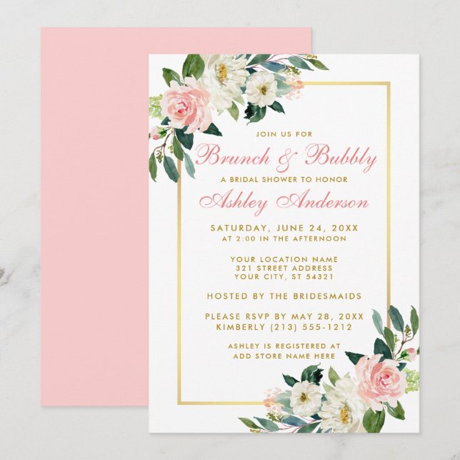 Bridal Shower Brunch Dorado Invitación Floral Rosa (Anverso / Reverso)