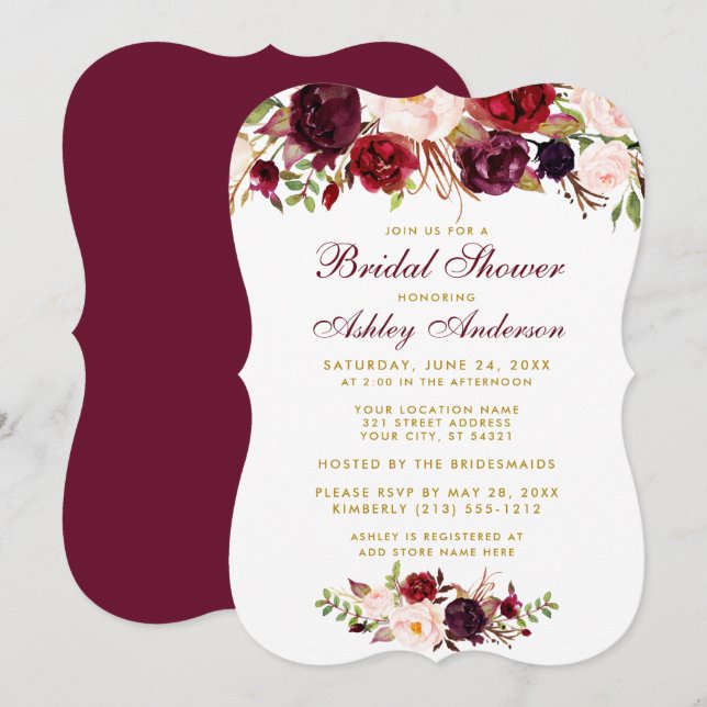 Bridal Shower Burgundy Floral Gold Invitación BR (Anverso / Reverso)
