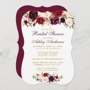 Bridal Shower Burgundy Floral Gold Invitación BR