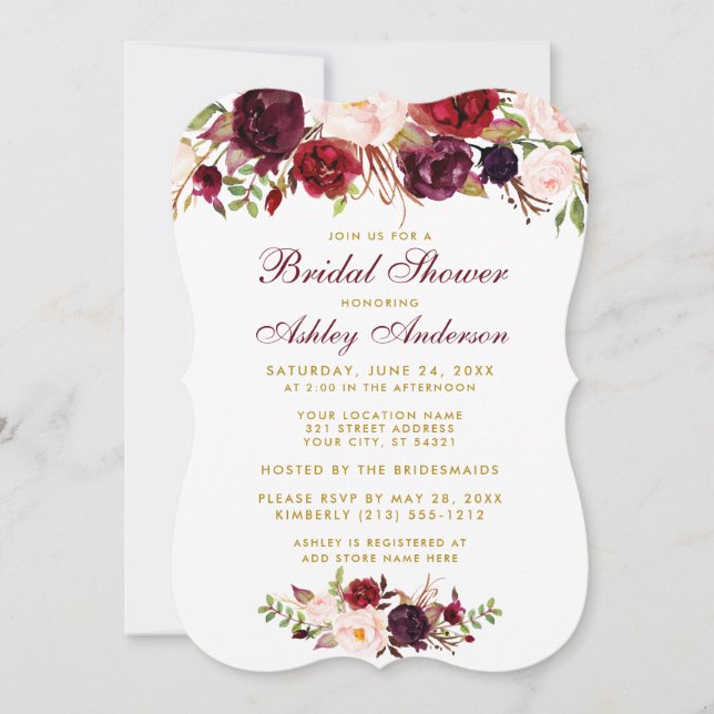 Bridal Shower Burgundy Floral Gold Invitación BWR (Anverso)
