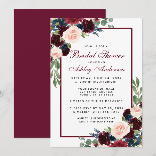 Bridal Shower Floral Burgundy Blue Invitación (Anverso / Reverso)