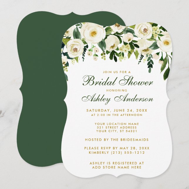 Bridal Shower Floral Green Gold Invitación B (Anverso / Reverso)