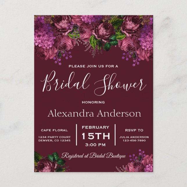 Bridal Shower Floral Marsala Invitación a Borgoña (Anverso)