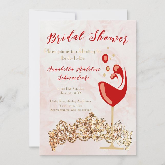 Bridal Shower Fun Wine Crown White Gold Invitación (Anverso)