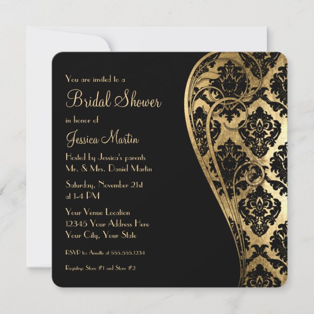 Bridal Shower Gold Leaf Look Damask Invitación de  (Anverso)