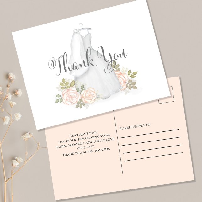 Bridal Shower Gracias Tarjeta Elegante (Bridal shower Thank you postcard with elegant bridal gown dress. )