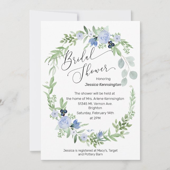 Bridal Shower Invitación color de agua azul (Anverso)