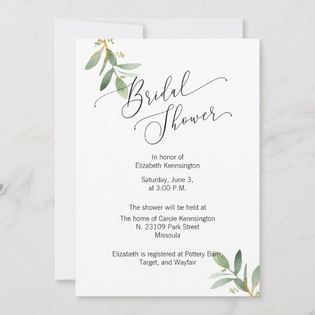 Bridal Shower Invitación Green Leaf Watercolor (Anverso)