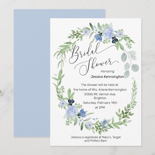 Bridal Shower Invitación Hielo Flores Azules (Anverso / Reverso)