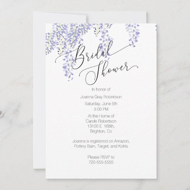 Bridal Shower Invitación Lavender Wisteria (Anverso)