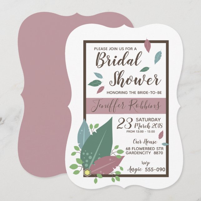 Bridal Shower invitación plumas diseño boho (Anverso / Reverso)