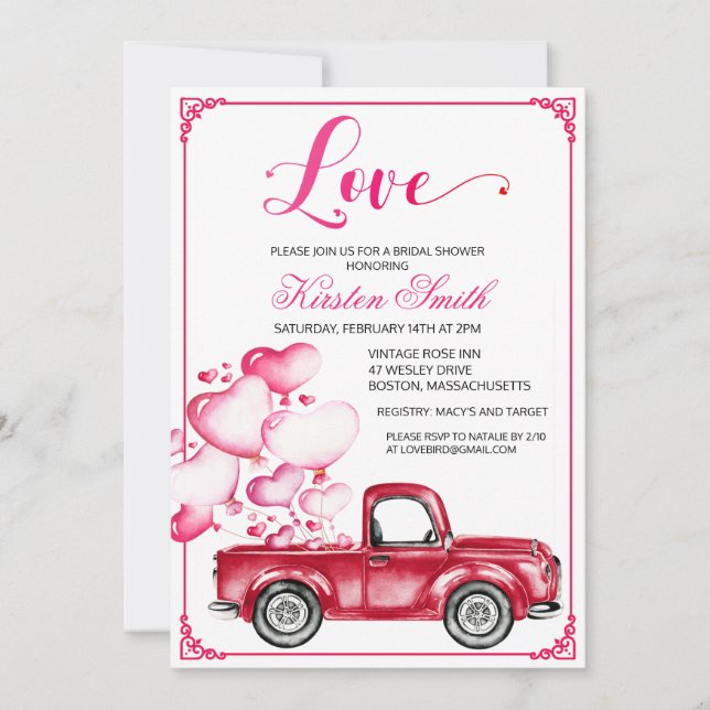 Bridal Shower Love Heart Truck Globos Invitación (Anverso)