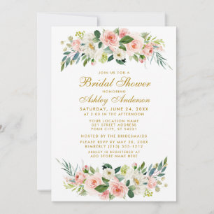 Bridal Shower Pink White Floral Gold Invitación G