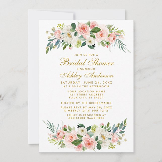 Bridal Shower Pink White Floral Gold Invitación G (Anverso)