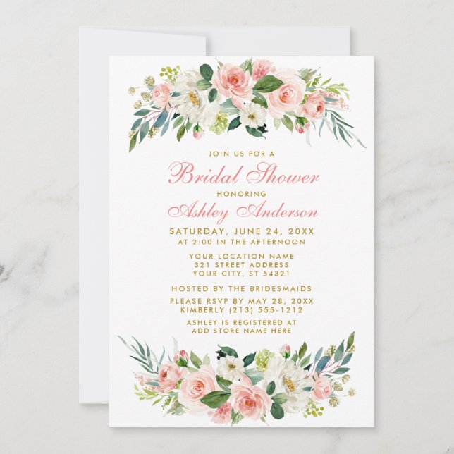 Bridal Shower Pink White Floral Gold Invitación GP (Anverso)