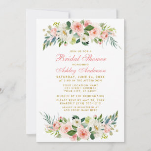 Bridal Shower Pink White Floral Gold Invitación GP
