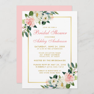 Bridal Shower Pink White Gold Invitación floral GP