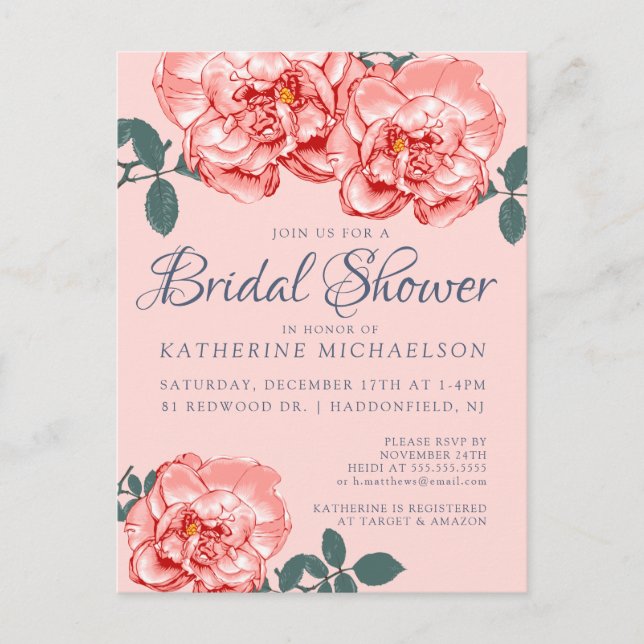 BRIDAL SHOWER | Postal de jardín floral rosa (Anverso)