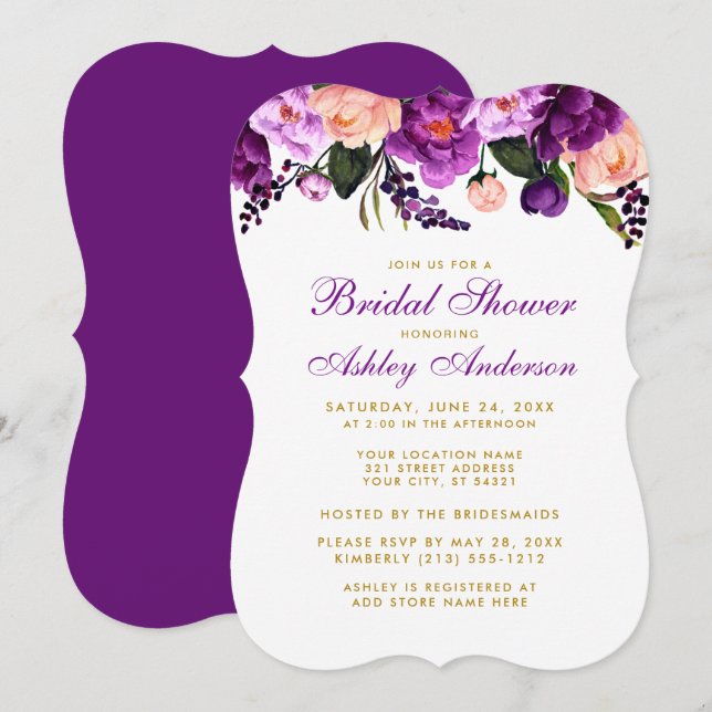 Bridal Shower Purple Gold Floral Invitación a BP (Anverso / Reverso)