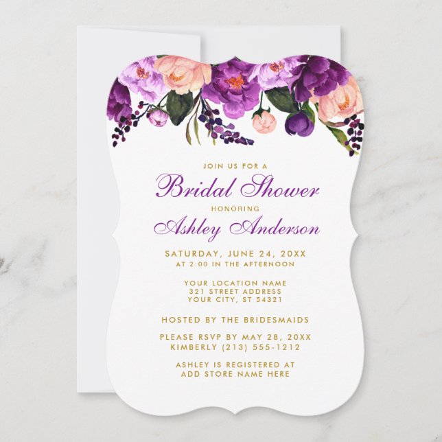 Bridal Shower Purple Gold Floral Invitación B (Anverso)