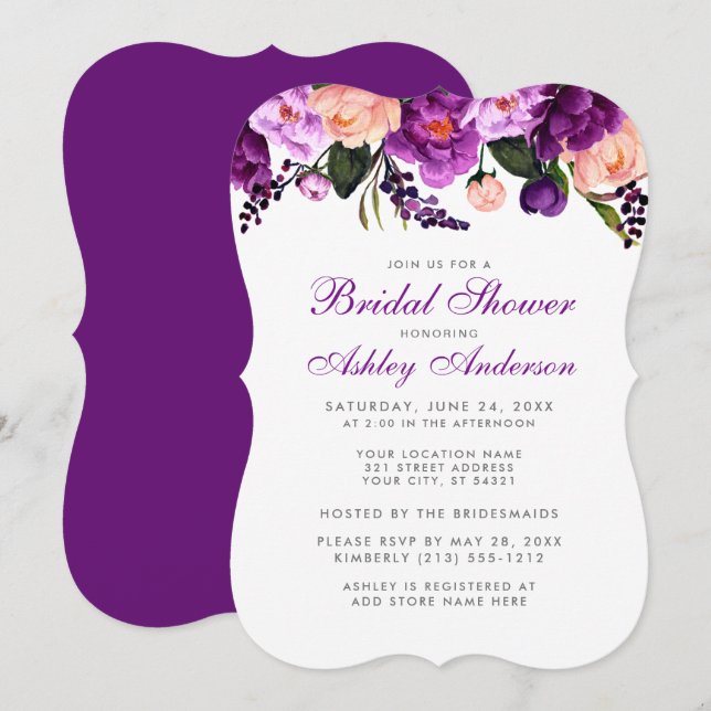 Bridal Shower Purple Silver Floral Invitación a BP (Anverso / Reverso)