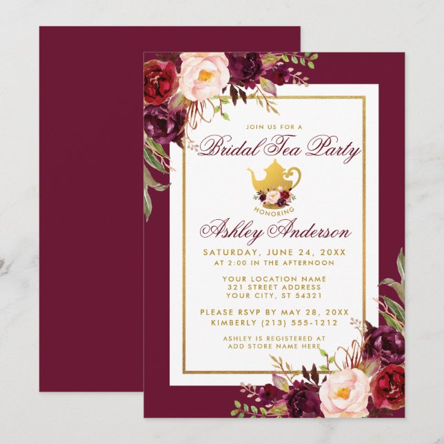 Bridal Shower Tea Fiesta Borgoña Invitación de oro (Anverso / Reverso)