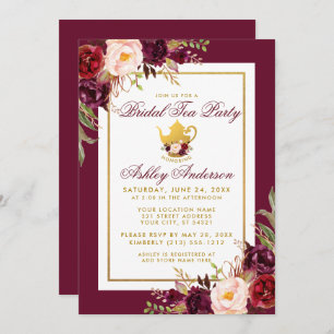 Bridal Shower Tea Fiesta Borgoña Invitación de oro