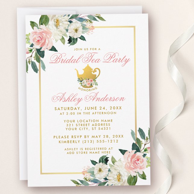 Bridal Shower Tea Fiesta Invitación floral rosa do (Customize to change text color or text style.)