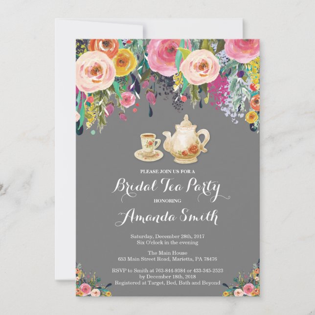 Bridal Shower Tea Party Invitación Floral (Anverso)