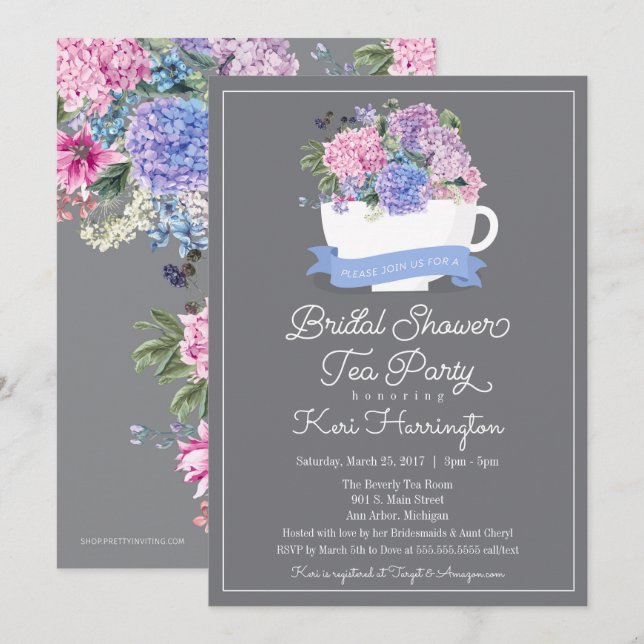 Bridal Shower Tea Party Invitación Hidrangea Azul (Anverso / Reverso)