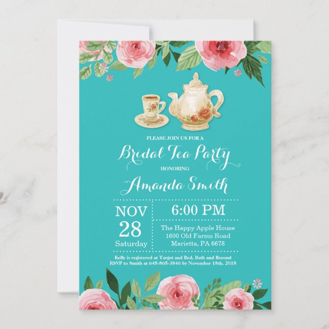 Bridal Shower Tea Party Invitación Turquesa Verde  (Anverso)