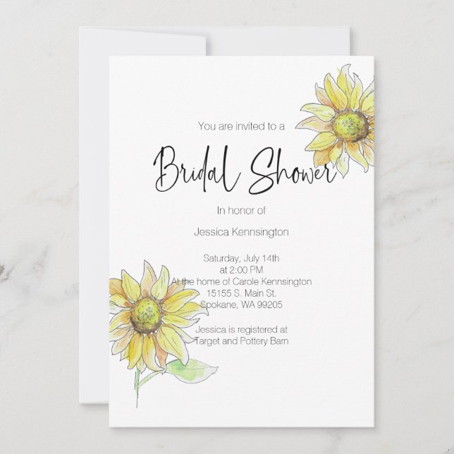 Bridal Shower Watercolor Cae Invitación al girasol (Anverso)