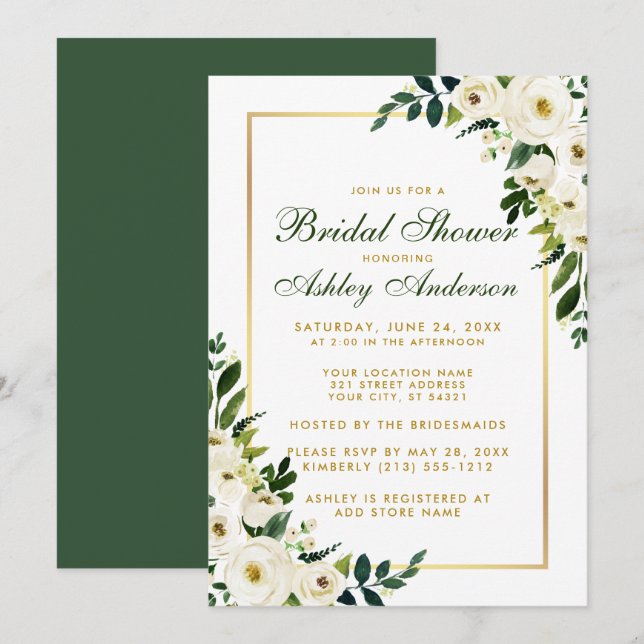 Bridal Shower Watercolor Verde Floral Invitación d (Anverso / Reverso)