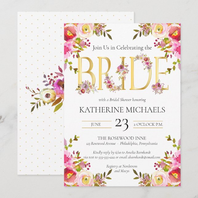 Bride acuarela florece novia nupcial invitación a  (Anverso / Reverso)