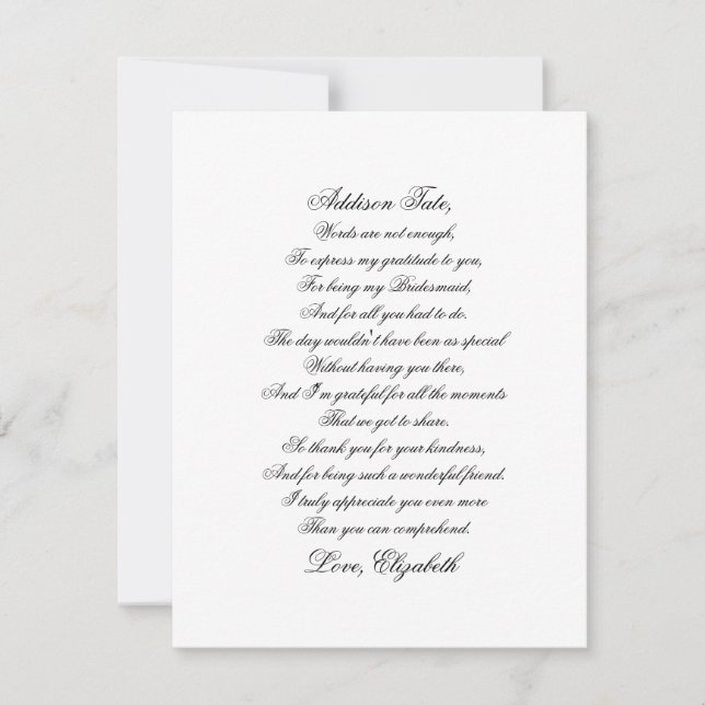Bridesmaid Gracias Escribir Tarjeta De Poema (Anverso)